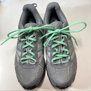 ADIDAS Trainers. Dark gray, silver & turquoise green. Size 8. Mud release soles